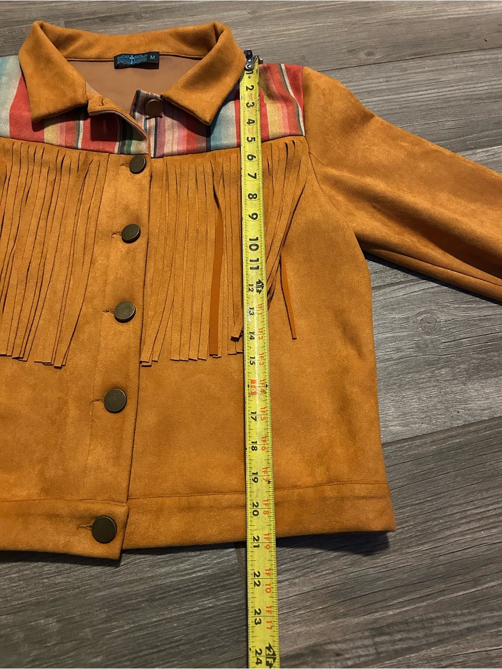 Fringed Suede (Like) Western Jacket in Tan with Multicolor Yoke Fashion Express - Picture 12 of 14